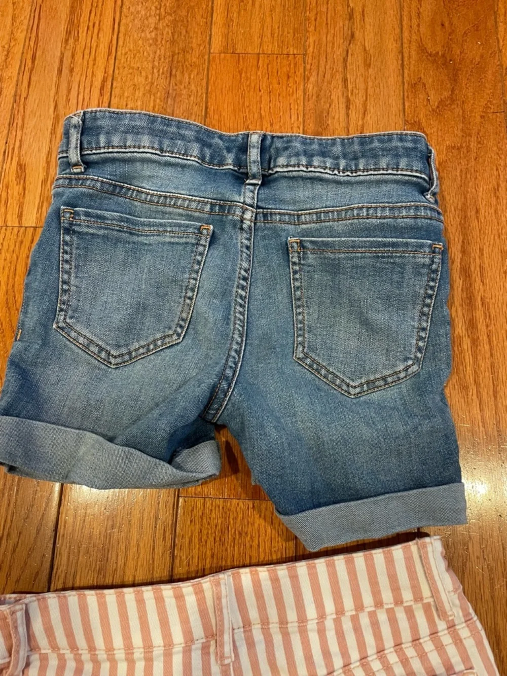 Two pairs of GAP denim Girls shorts, Striped Pink and White & denim